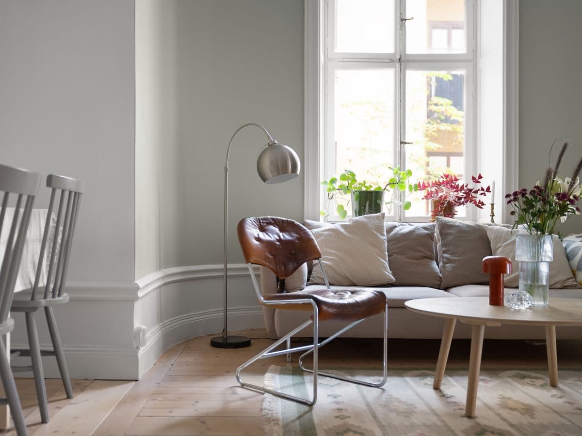 Nystädat ljust vardagsrum med soffa och gröna växter